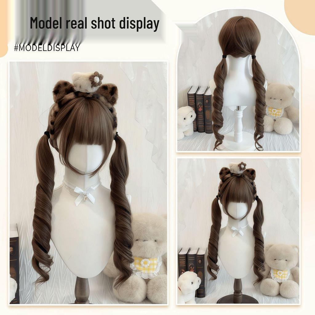70cm Double Ponytail Lolita Wig with Sideburns - Long, Curly Daily Wig for Women