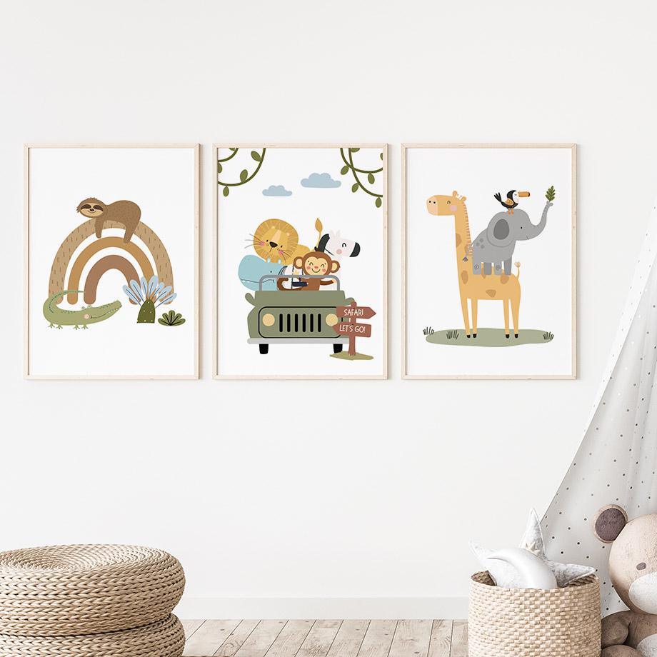 Cute Giraffe Elephant Lion Monkey Car Rainbow Wall Art Canvas Painting Cartoon Posters And Prints Pictures Baby Kids Room Decor