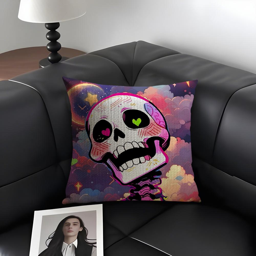 Colorful Skull Cool Cushion Cover Natural Linen Organic Fabric Double-Sided Printing Sofa Home Decor Gift Pillow Case
