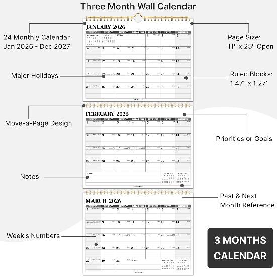 Wall Calendar 2026-2027, 3 Month Vertical Calendar, Move-a-Page, 2 Year from January 2026 - December 2027, 11’’ x 25’’, Large Monthly Hanging