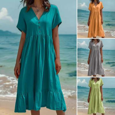 Robe d'été pour femme Boutonnée Col en V Manches courtes Coupe ample Fluide Robe d'été de plage Volants Ligne A Oscillation Décontractée Robe Midi