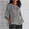 Comfortable Casual Women Cotton Linen Round Neck Shirt Top Seven Quarter Sleeve