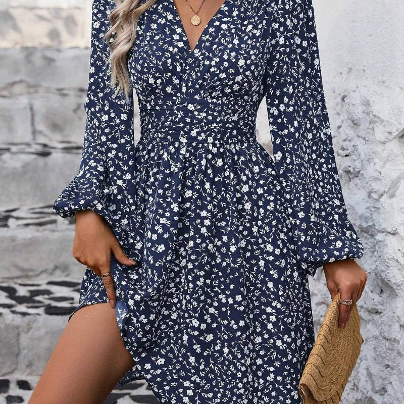 Polyester Vneck Lantern Sleeve Dress With Pleats For Casual And Party Wear