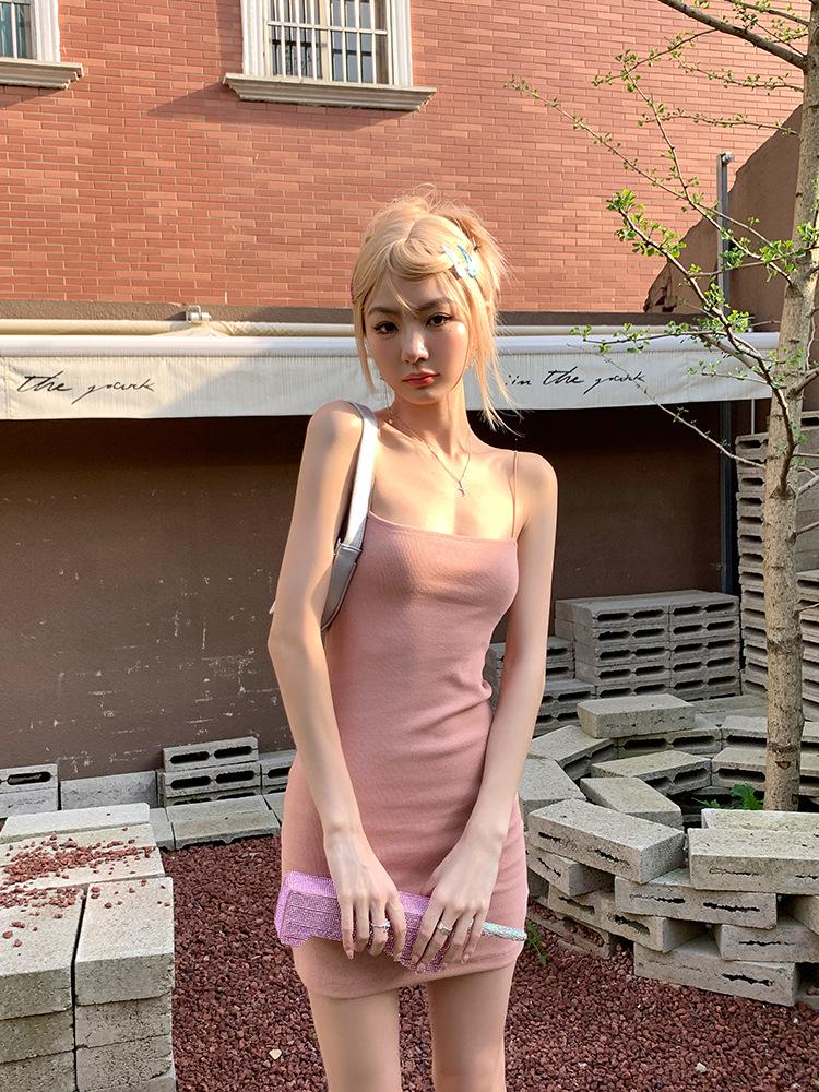 Pink Spicy Chic French Spaghetti Strap Dress - Women's Elegant Slim Fit