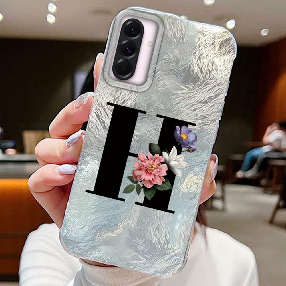 Black A-Z Letter Flower Laser Gradient For Samsung Galaxy A16 A36 A56 Phone Cases Cover Silicone Clear Soft Protect Back Bumper Hard PC Back Cover