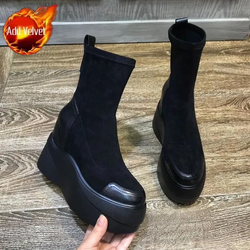

Модные ботильоны на платформе, эластичные, черные, на массивном каблуке, ботильоны для женщин, мода 2024, осень, горячая распродажа из искусственной кожи, большой размер, теплые, 39, женские короткие туфли 40