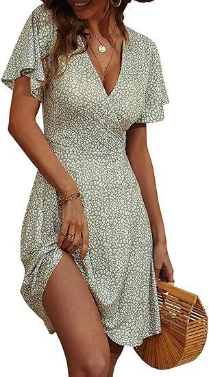 Ladies Suspender Skirt Summer Flower Short Sleeve Wrap V-Neck A Line Medium Length Dress Print