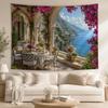 Mediterranean Arch Villa Tapestry, Purple Bougainvillea Sea View Wall Hanging, Coastal Boho Room Decor