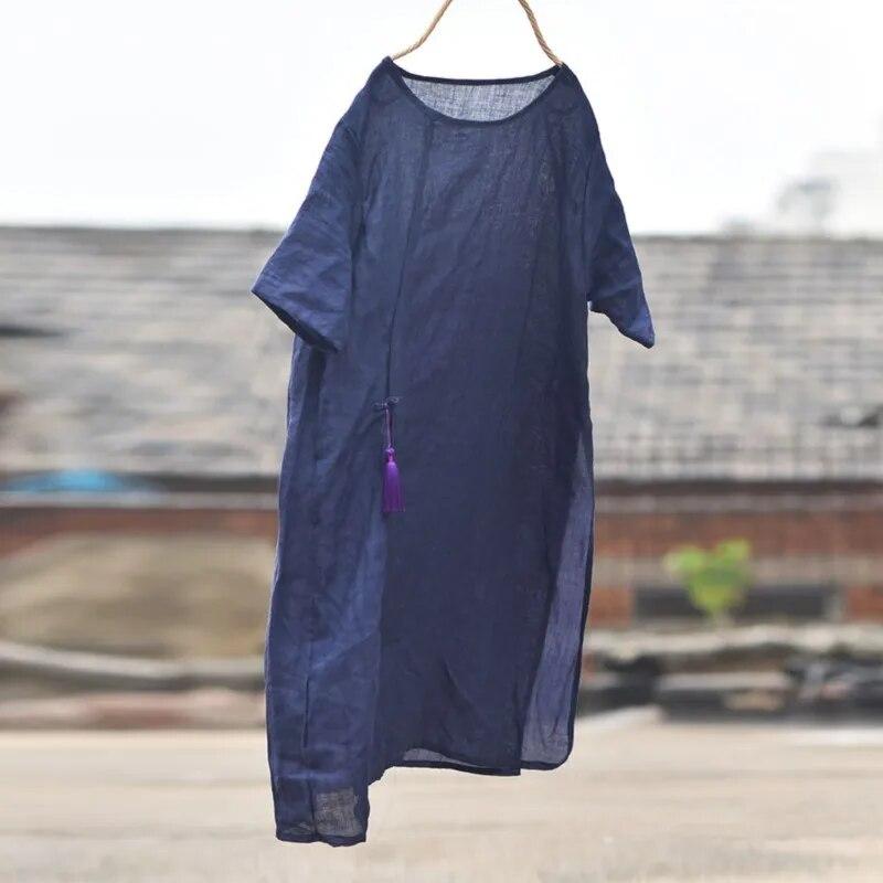 Johnature Women Pullover T-Shirts Solid Color O-Neck Summer Vintage Tees Loose Women Short Sleeve Long T-Shirts