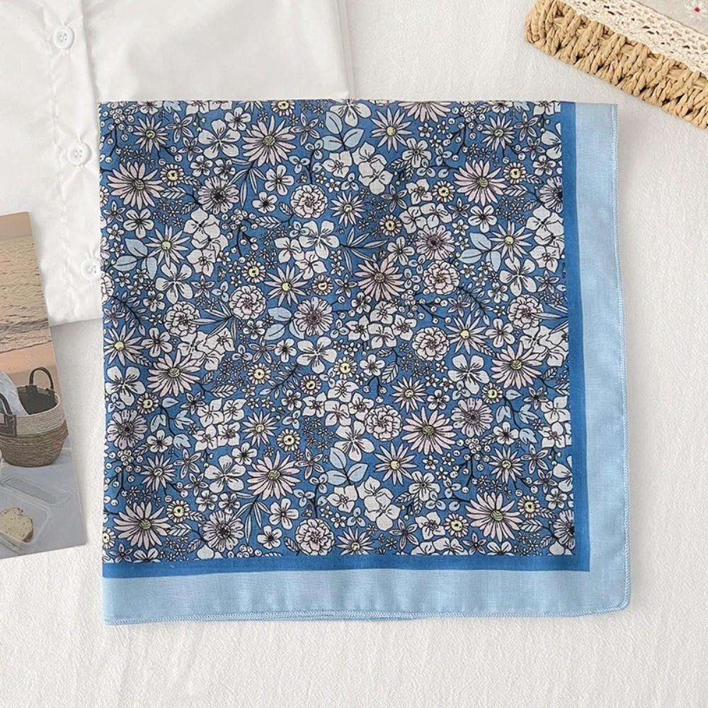 Pastoral Style Printed Silk Scarf Square Floral Kerchief Headband Cotton Linen Square Scarf  Women