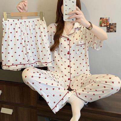 Korean Heart Print Crinkle Pajama Set: Women's Short Sleeve Three-Piece Spring/Summer Loungewear
