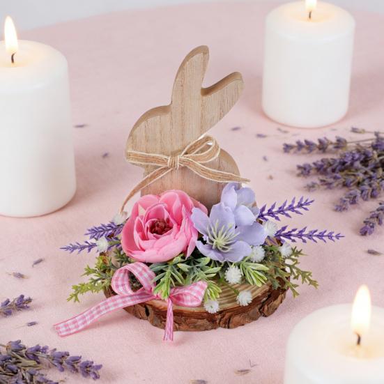 Easter Bunny Wooden Sign Desktop Bunny Ornament with Artificial Flower Spring Party Tabletop Centerpiece for Tiered Tray Home Decor