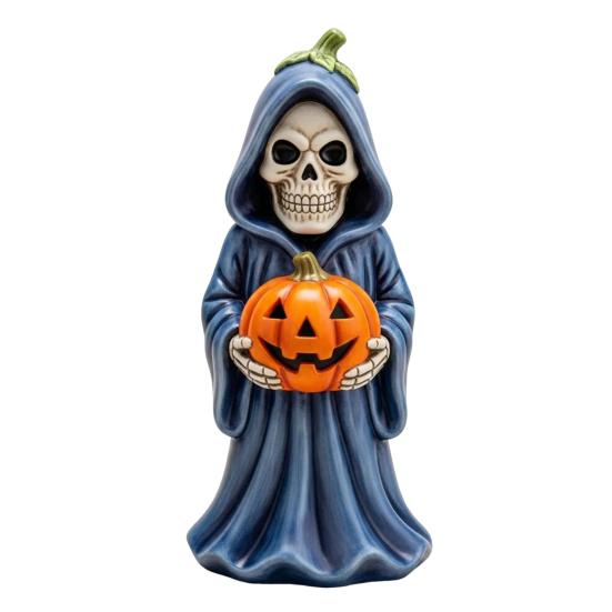 Halloween Skull Pumpkin Figurine Resin Skeleton Holding Pumpkin Statue Spooky Tabletop Ornaments for Indoor Home Decor