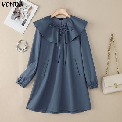 Women Casual Big Lapel Neck Long Sleeve Zip-up Bow Knot Dress