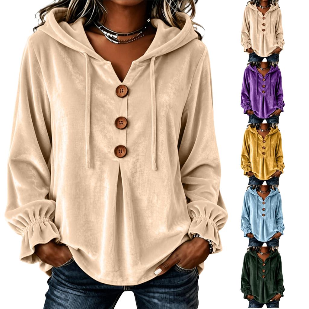 Women's Velvet Casual Hoodie with and Buttons for Comfortable Everyday Wear