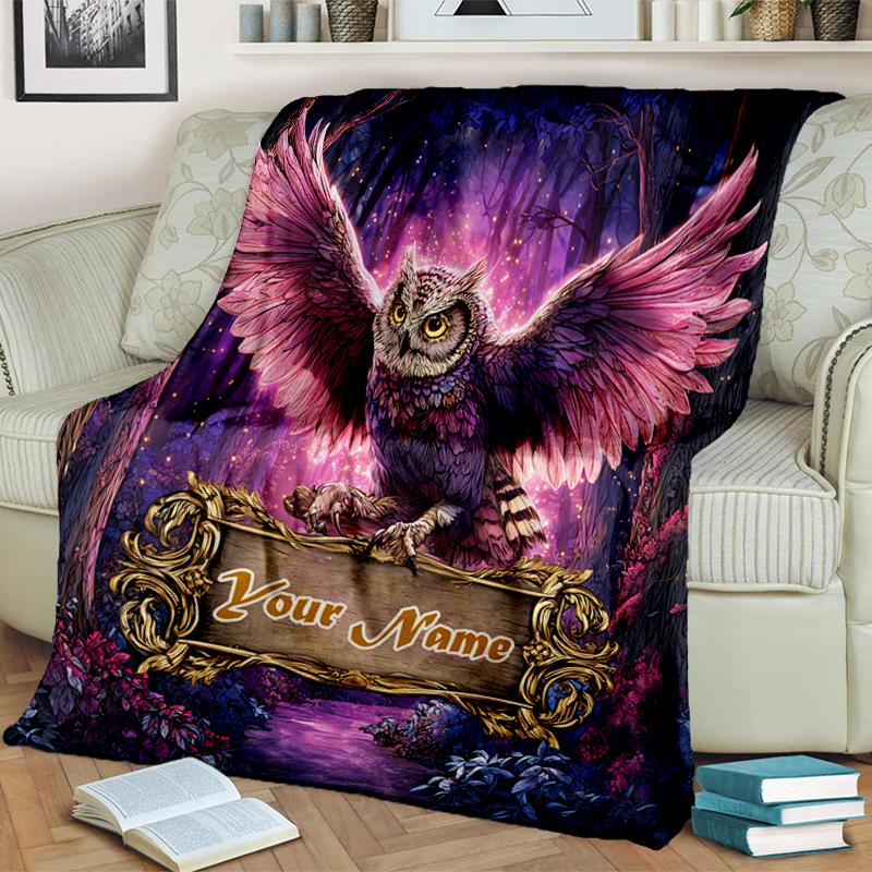 1PC Custom Name Forest Owl Flannel blankets Patterns Throw Blanket All-Season Soft Gift for Couch, Bed, Camping gifts