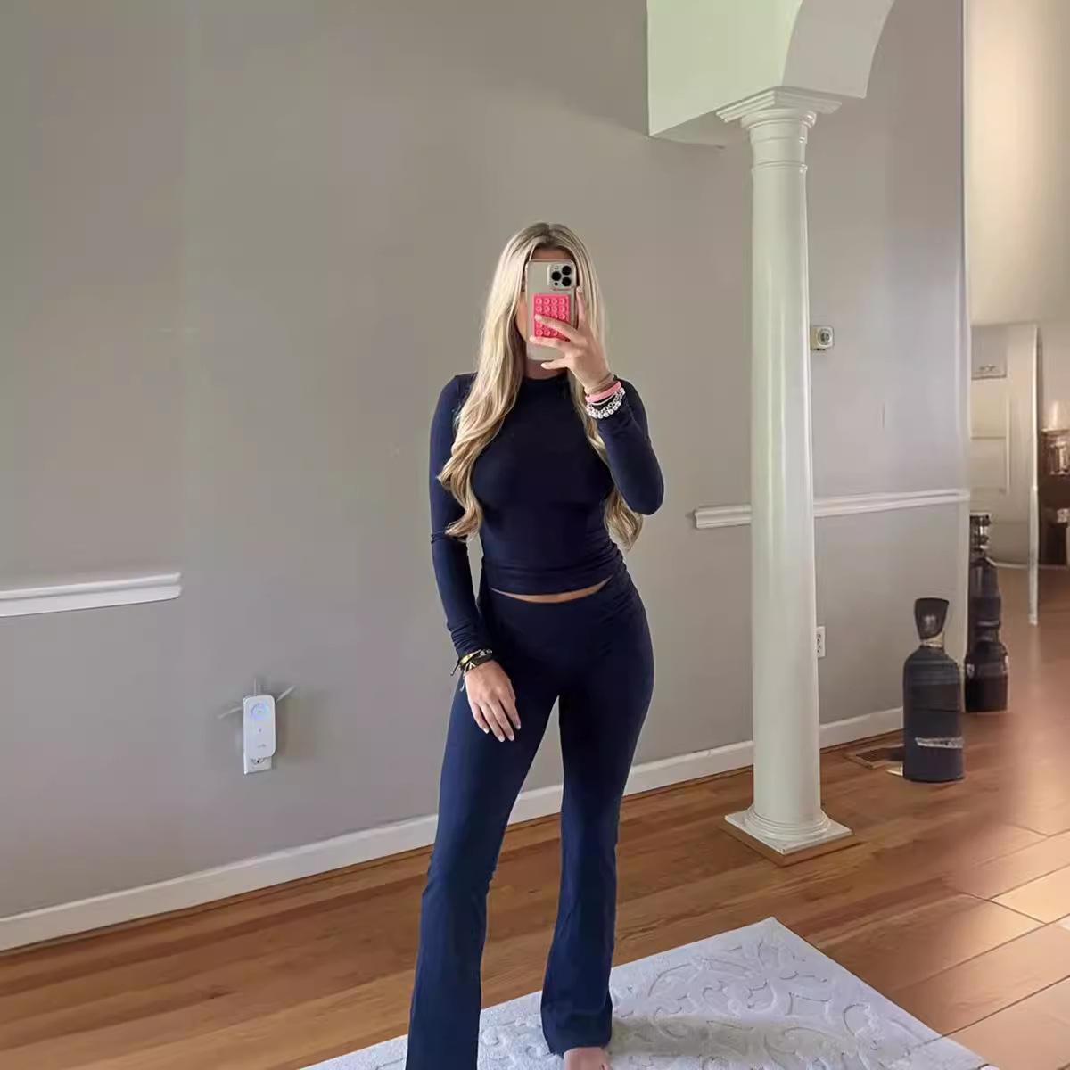 

Женский комплект из однотонных колготок с длинным рукавом, укороченного топа и леггинсов, осенний повседневный комплект из двух предметов, спортивный костюм S темно-синий