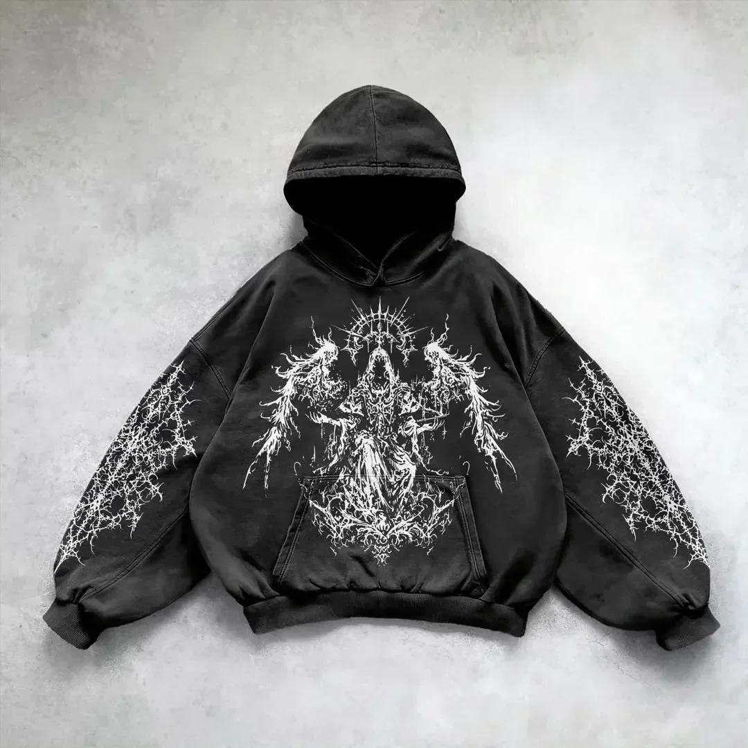 Street Trend Distressed Gewassen Gothic Stijl Heren Hoodie Donkere Patroonprint Veelzijdig Casual Retro Los Dames Sweatshirt XXL