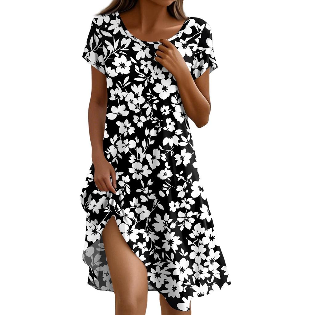 Kurzärmeliges Boho-Kleid für Damen, lässig, lockere Passform, Sommerkleid mit Print, Rundhalsausschnitt, mit Taschen