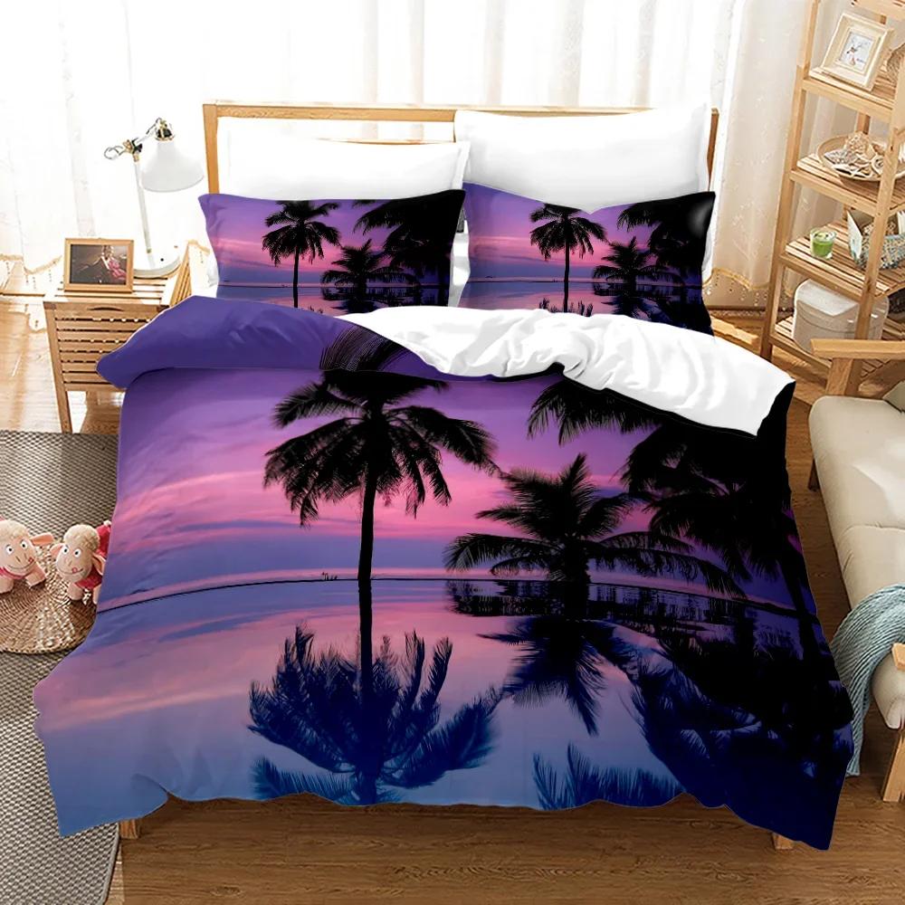 Strand Sonnenuntergang Bettbezug Set Tropische Insel Mit Der Palme Und Meer Strand Natur Thema Queen Size Bettdeckenbezug