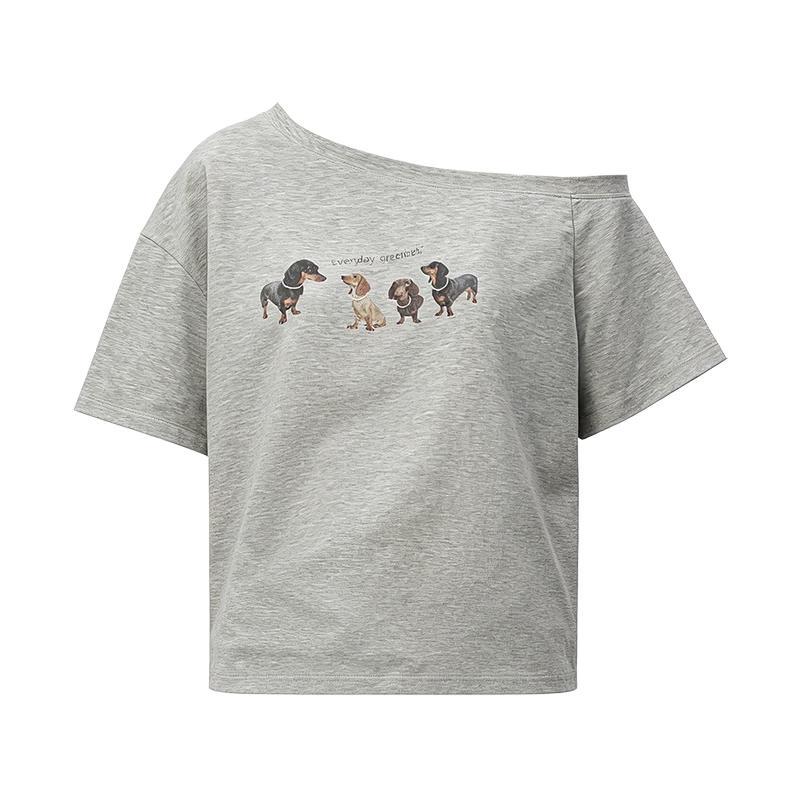 Green Belt One-Shoulder Dog Print Loose T-Shirt M