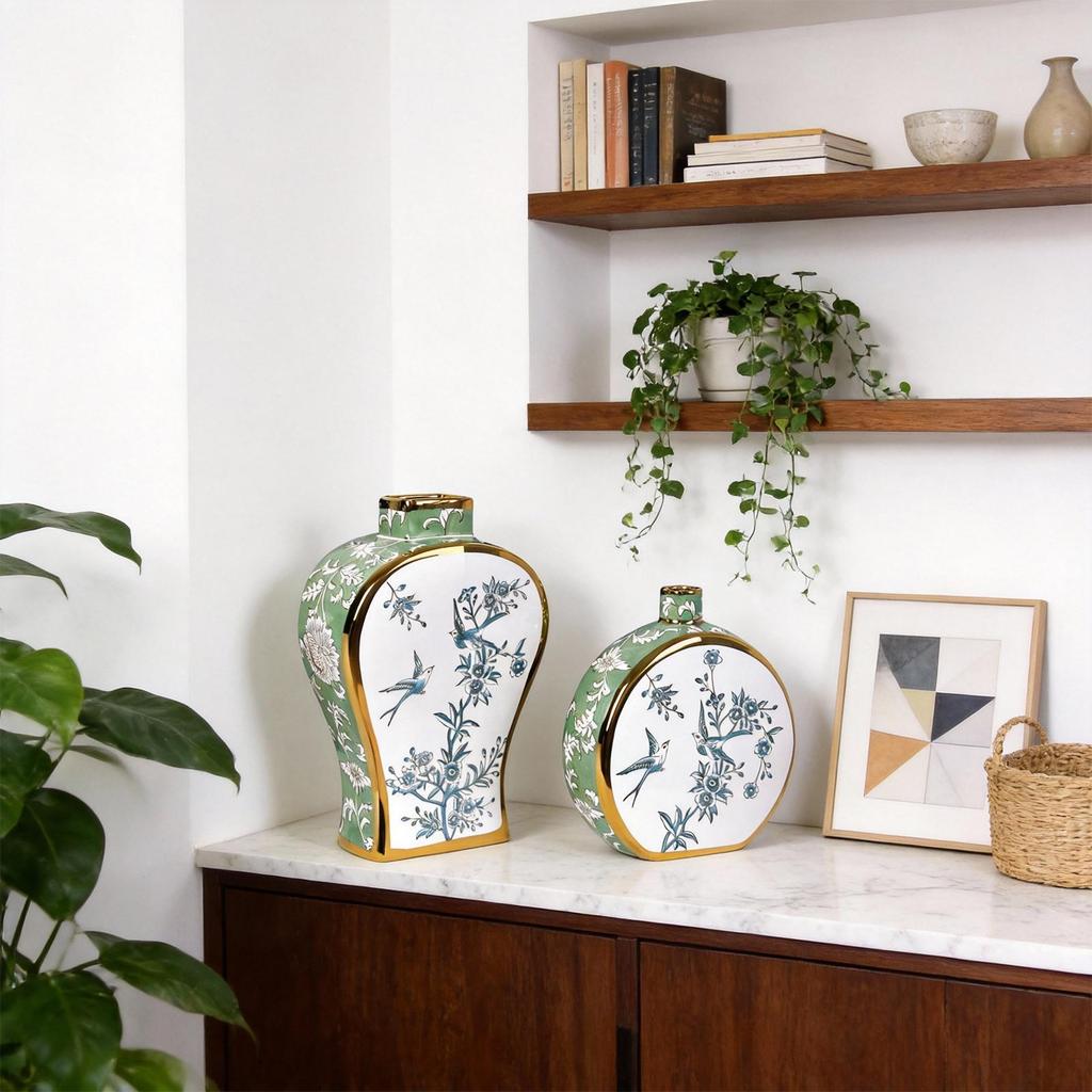 Gilded Blue and White Porcelain Flower Vase - Home Decor Ornament