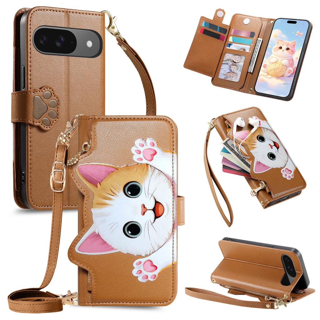 Cute Cat Crossbody Long Lanyard Flip Wallet Leather Case for Google Pixel 11 Pro XL 10Pro 9a 8a 7a 6a Shockproof Stand Cover