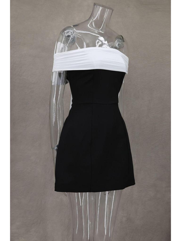 One-Shoulder Black & White A-Line Dress with Bow - Waist-Defining Design, Spring/Summer