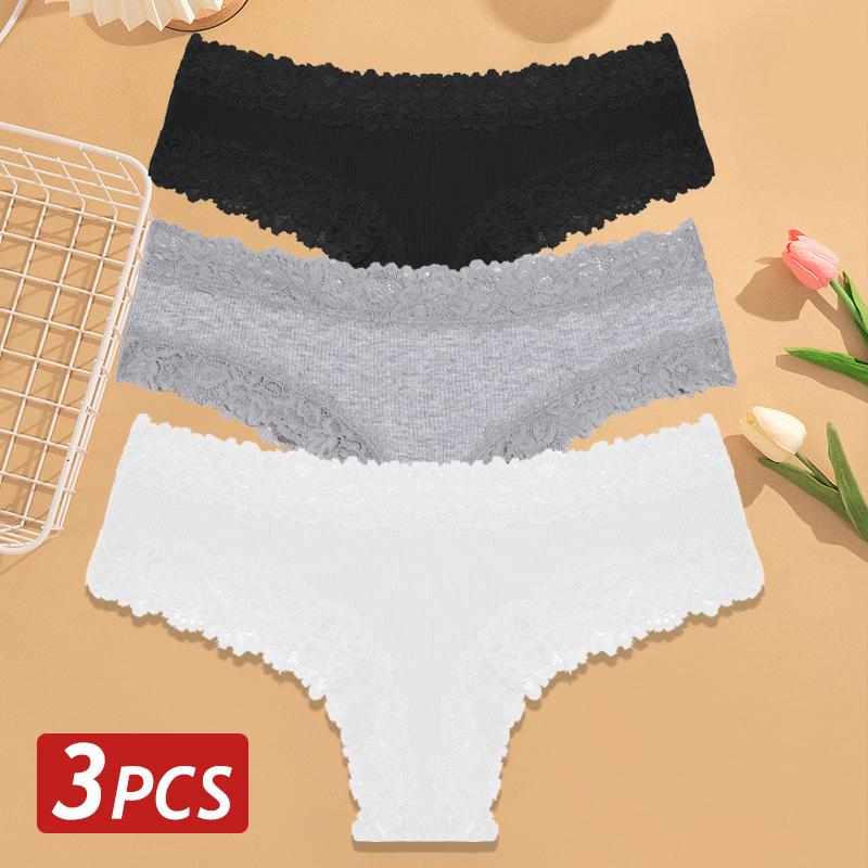 3PCS/Set Women Cotton Panties Floral Lace Brazilian Panties Sexy Low Waist Lingerie Female Soft Underwear Solid T-Back Bikini