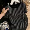 Korean Summer New Black and Gray Striped Front Shoulder Short-sleeved T-shirt for Women's Round Neck Casual Temperament Versatile and Thin Top