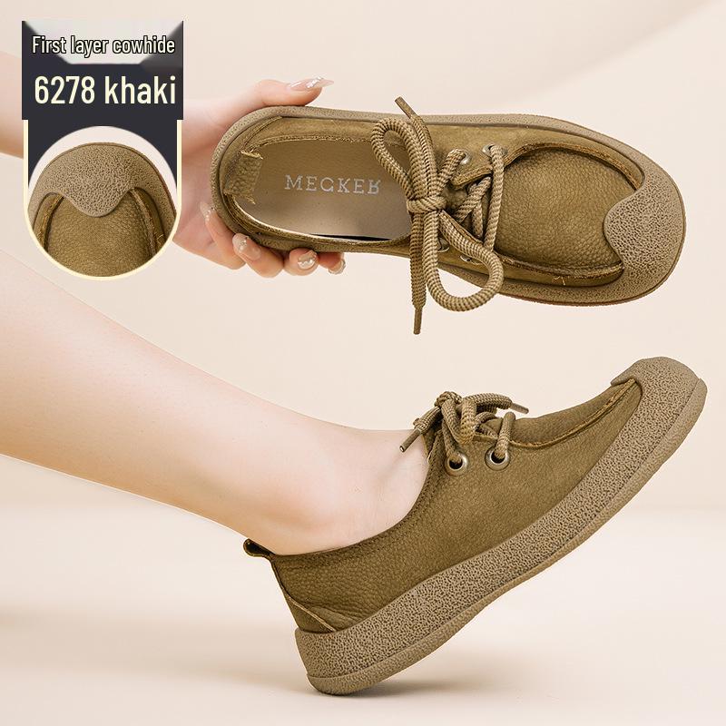 

Винтажные женские лоферы из натуральной кожи - Мягкая подошва, Удобные, Круглый носок, Плоские слипоны, Повседневная обувь для осени 35 хаки