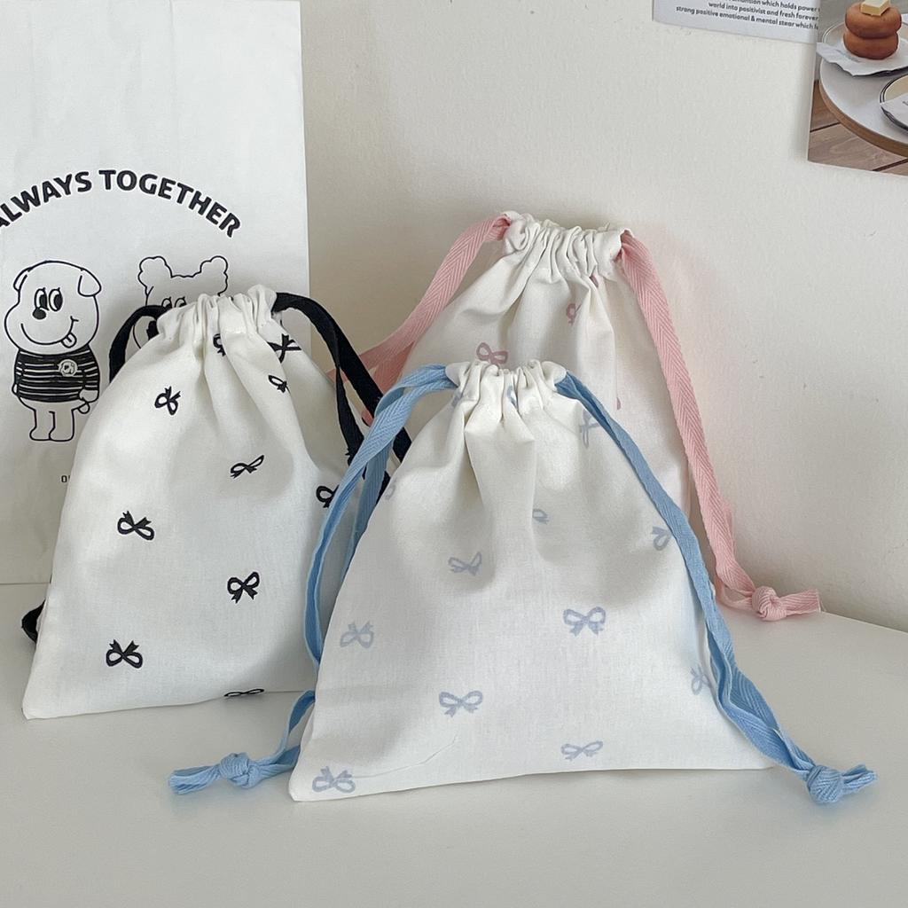 Sweet Bow Print Women's Storage Bag Cute College Girls Canvas Drawstring Bags Simple Female Portable Travel Makeup Case Handbags