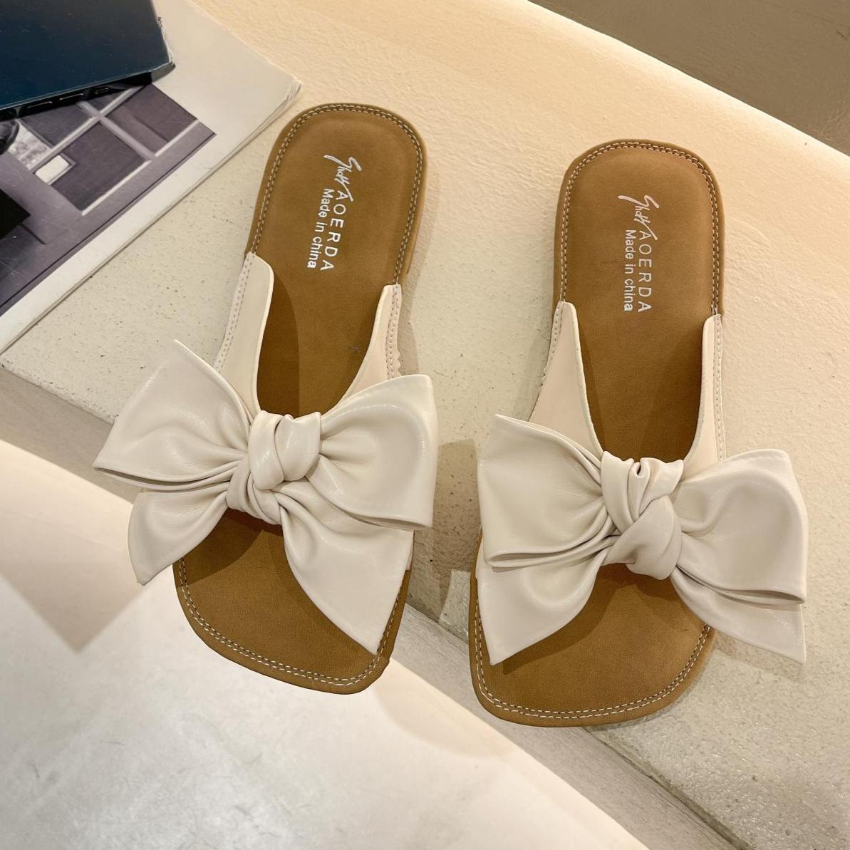 

Женские модные тапочки с бантом, симпатичные сандалии с плоским носком и нескользящей подошвой 35 бежевый