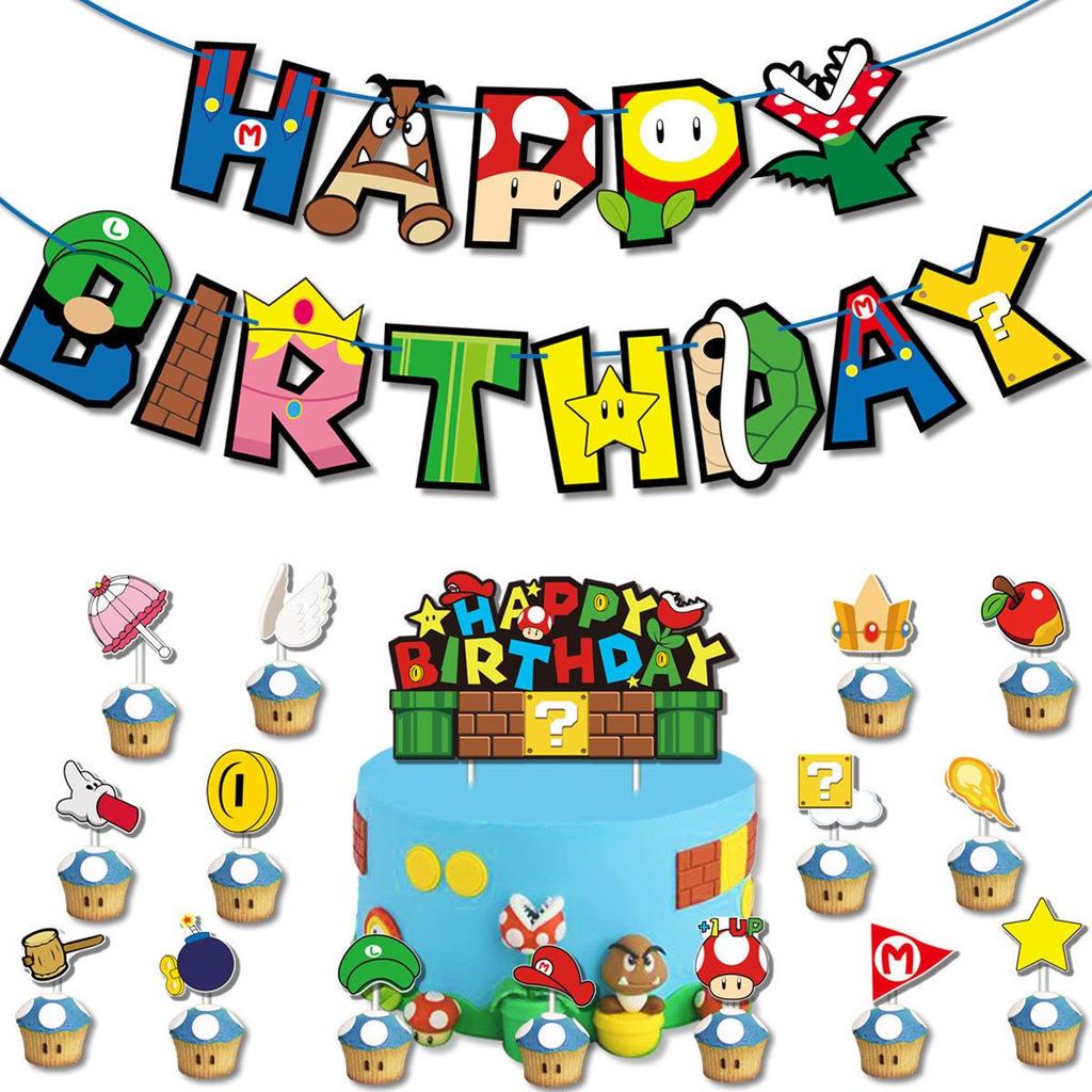 Mario Party Decorations: Birthday Pull Flags, Cake Toppers & Balloon Set