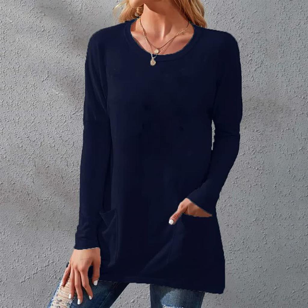 Ladies Casual Fashion Color Loose Round Neck Long Sleeve T-Shirt With Pockets