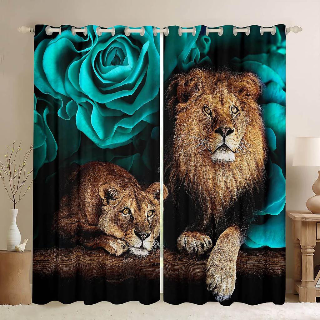 Retro Colorful Rose Animal Lion Print Curtains Living Room Study Children's Room Decorative Curtains Easy To Wash And Care 2PCS