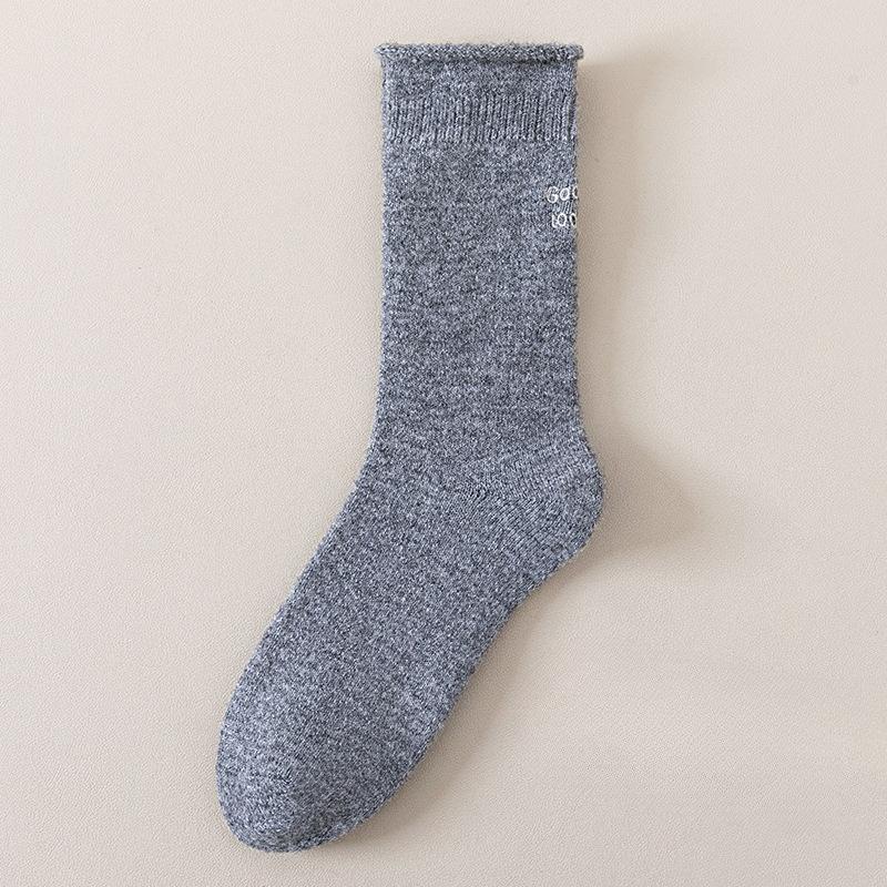 Winter and Autumn Mid-length Wool Socks with Embroidered Rolled Edges, Soft and Warm, Straight and Fluffy Socks, Versatile Socks