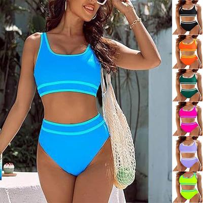 Damen Badeanzug Unifarben Bikini mit hoher Taille Zweiteiler Strandmode Mehrfarbig