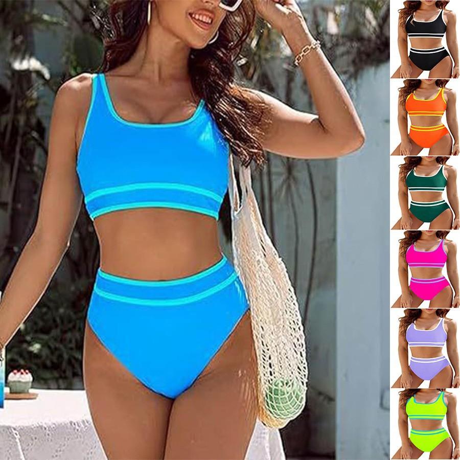 Bikini de Color Sólido de Cintura Alta para Mujer Traje de Dos Piezas Ropa de Playa Multicolor