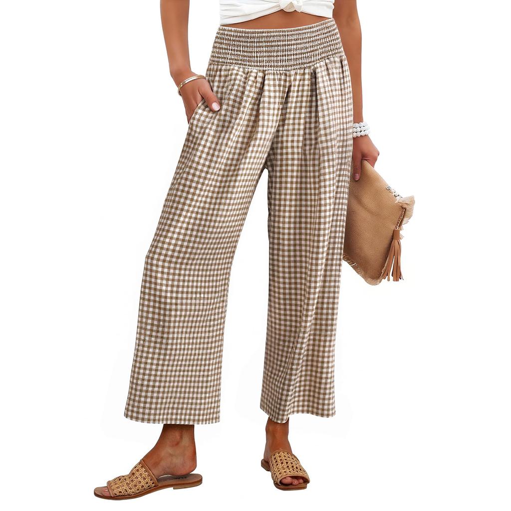 Women's Fashion Loose Pleated Elastic Waist Pocket Checkered Casual /10 Pants