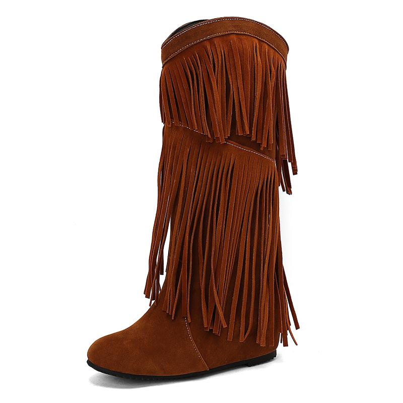 

2026 Plus Size Frosted Flock Material Tassel Flat Bottomed Sloping Heel With Increased breathe For Autumn Women s Mid-Calf Boots 34 помаранчевий