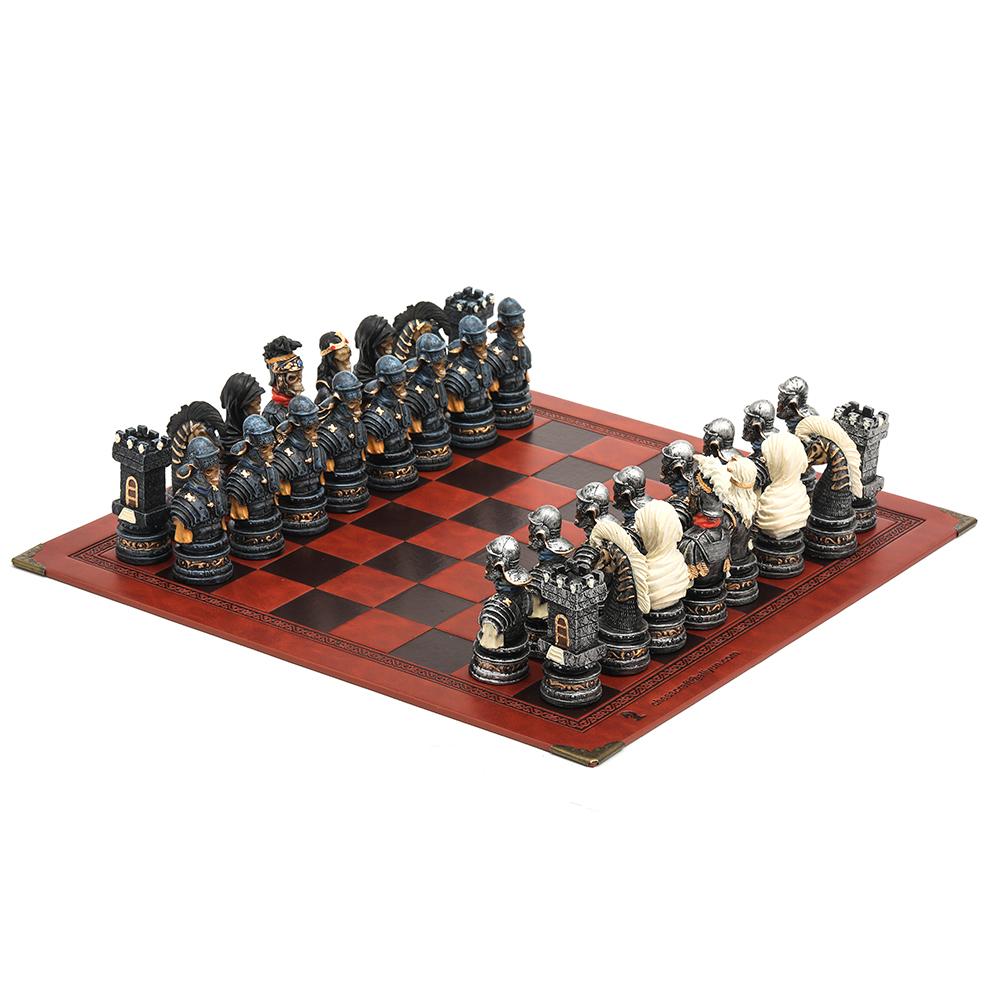 Role Theme Chess Set - Resin Material And Hand-Painted With Embossed Leather Chess Board - 32 Pieces - Ideal Gift Board Game