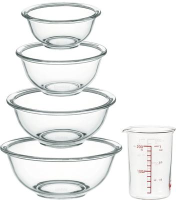 Iwaki AGC Techno Glass, hitzebeständige Glasschüssel, rund, 4-teiliges Set, inkl. Messbecher