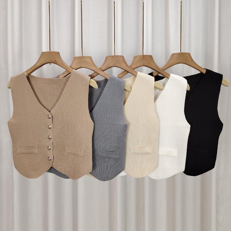French Retro Solid Color V-Neck Single-Breasted Sleeveless Slim Knitted Vest For Women