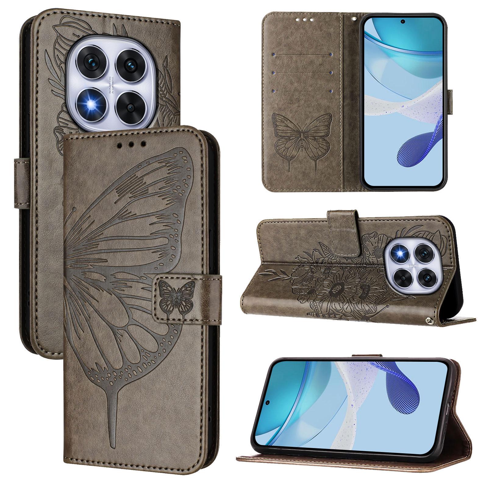 

Для Xiaomi Redmi Note 14 Pro+ 5G/Note 14 Pro 5G/Poco X7 5G Чохол-гаманець зі шнурком на зап ястя, Шкіряний чохол для телефону з тисненням метелика Grey