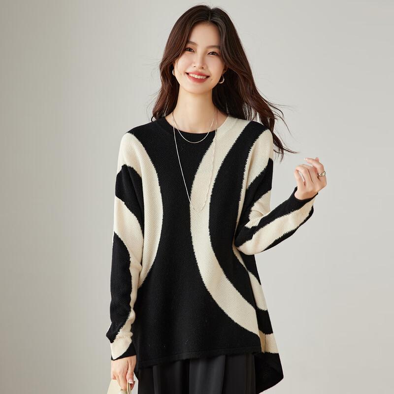 Women's 100% Wool Color-block Round Neck Sweater