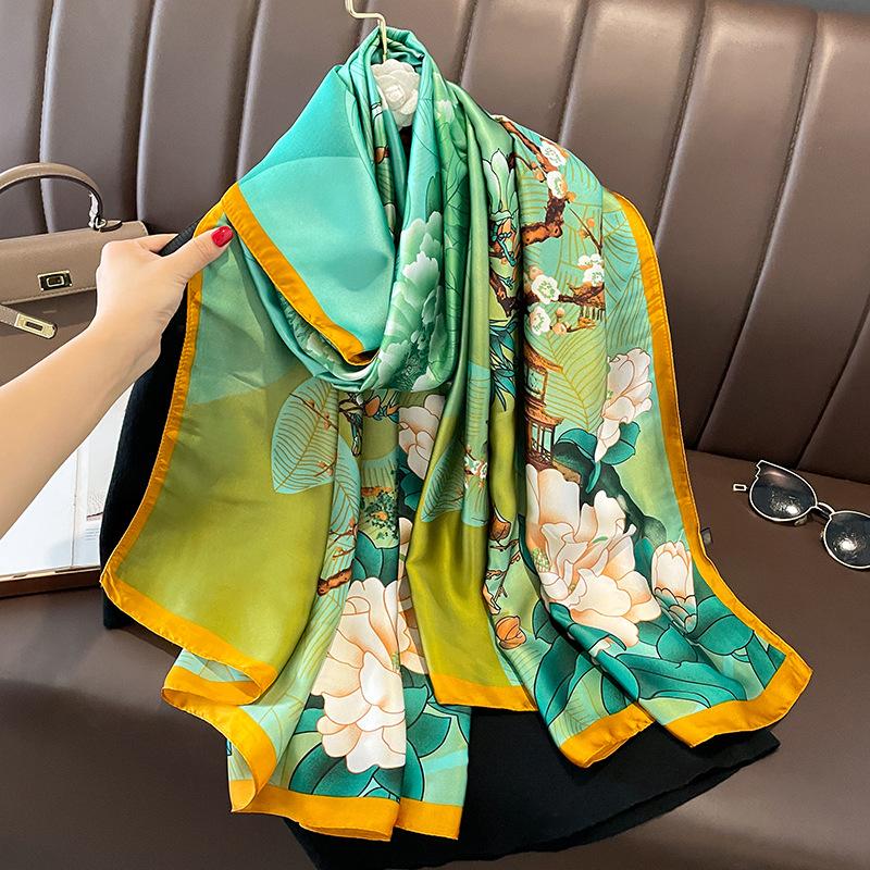 Painting Floral Design 100% Silk Feeling Scarf For Women 180X90Cm Shawl Wraps Luxury Female Hijab Headband Foulard Beach Stoles