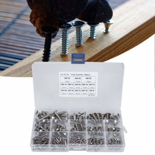 180-Piece Self-Tapping Screw Kit, M3 M4 M5 M6 High Hardness Stainless Steel Flat Head Self-Tapping Screws, Multi-Purpose Set