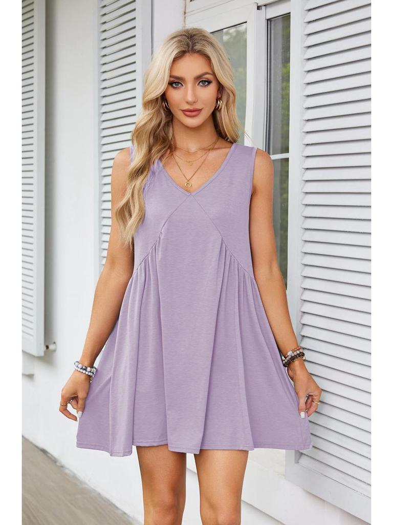 2025 European & American Women's V-Neck Sleeveless Pleated Pocket Dress - Spring/Summer Trend