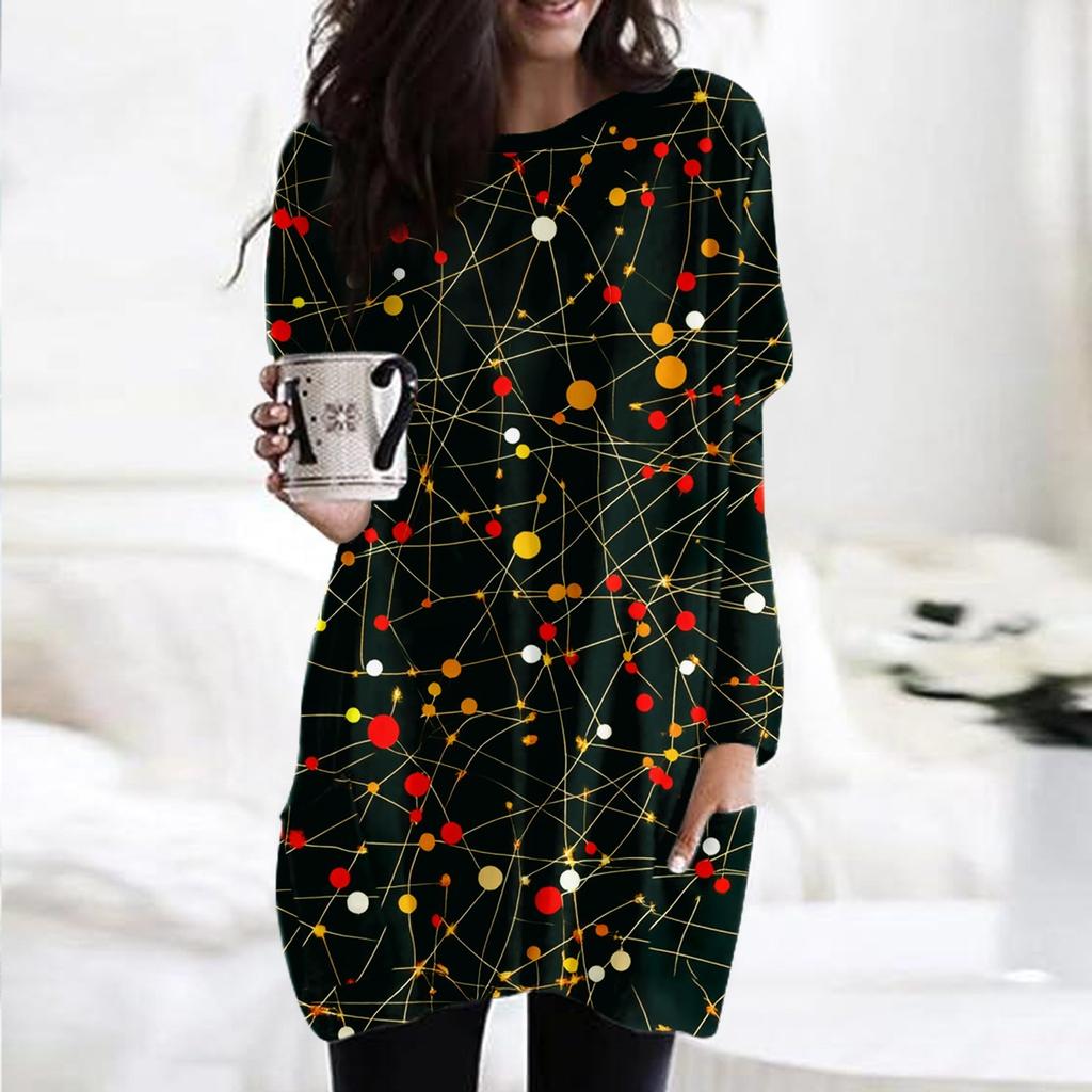 Dámská móda ležérní tričko s vánočním potiskem s kulatým výstřihem a dvojitou kapsou s dlouhým rukávem